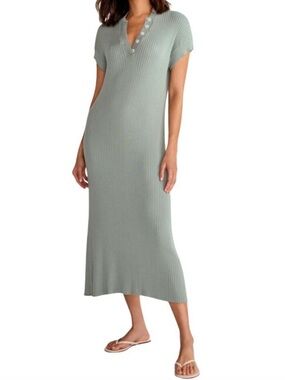 Varley Aria Ribbed Henley Midi Dress in Sage XXSmall